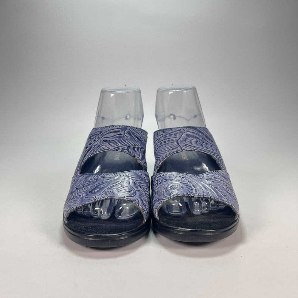 Curvetures Blue Black Leather Comfort Casual Slip On Wedge Sandals Women's Sz 8 - Picture 2 of 10